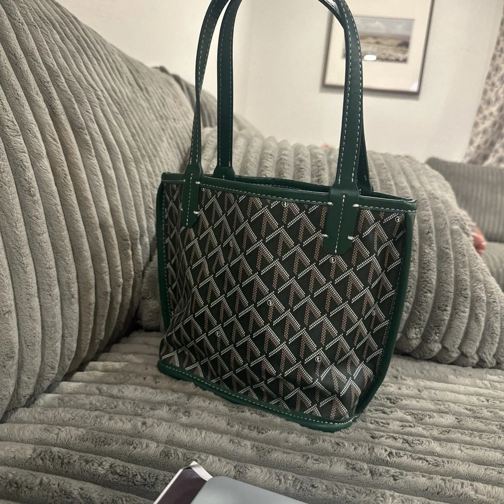 Women's Green Logo Mini Tote Bag Open Top Double Handles White Stitch Geometric